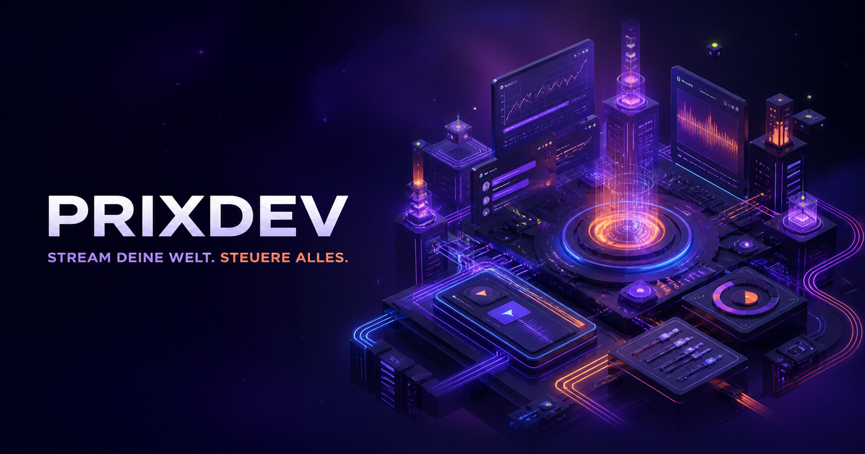 Futuristisches Prixdev Control Universe mit Chat, Analytics und modularen Stream-Werkzeugen